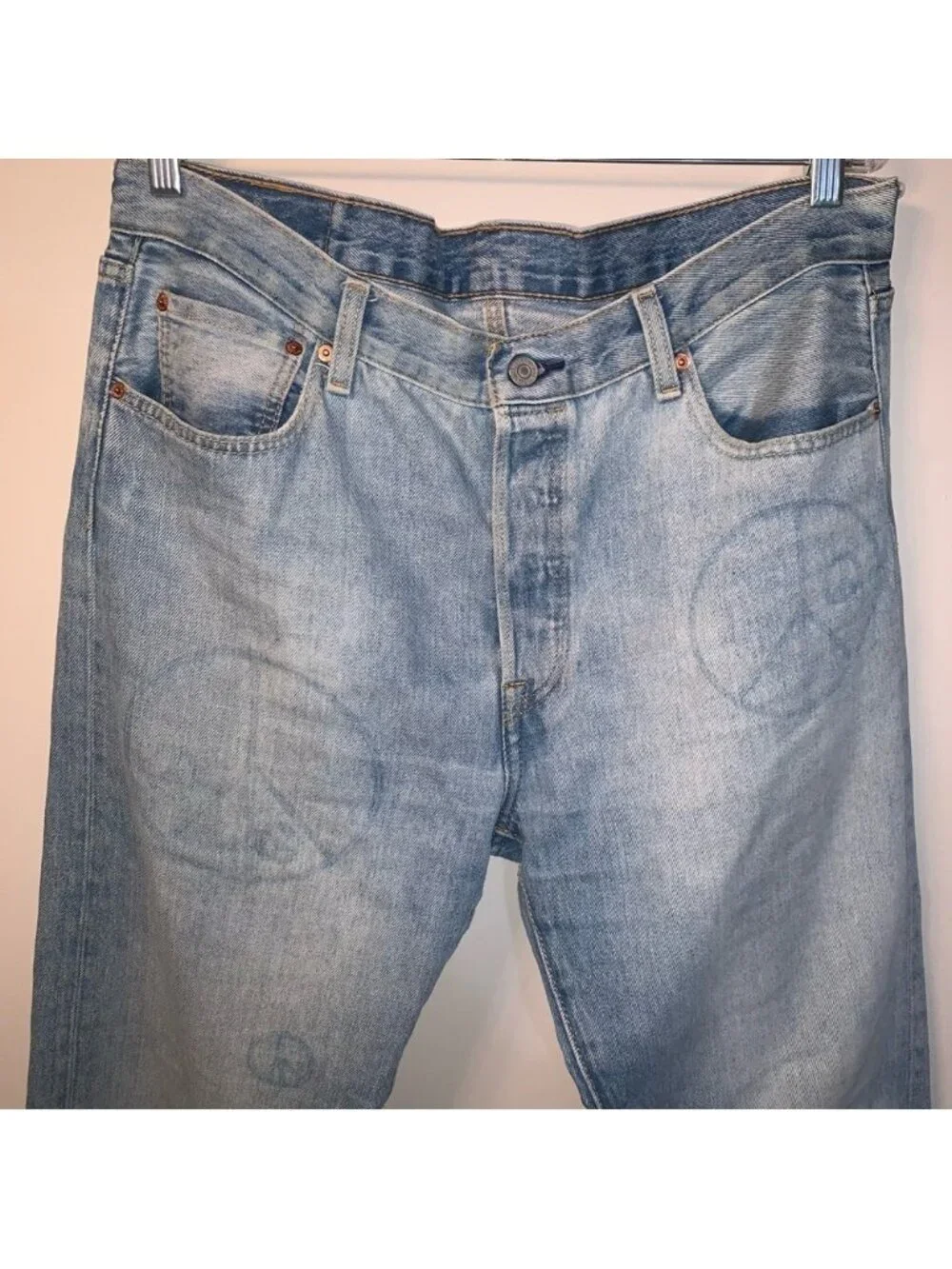 Levis 501 150th Jeans Mens 36x34 Blue Peace Sign Print Denim Button Fly Rare